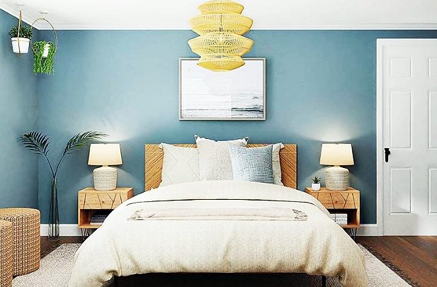 mavi ve gri yatak odası